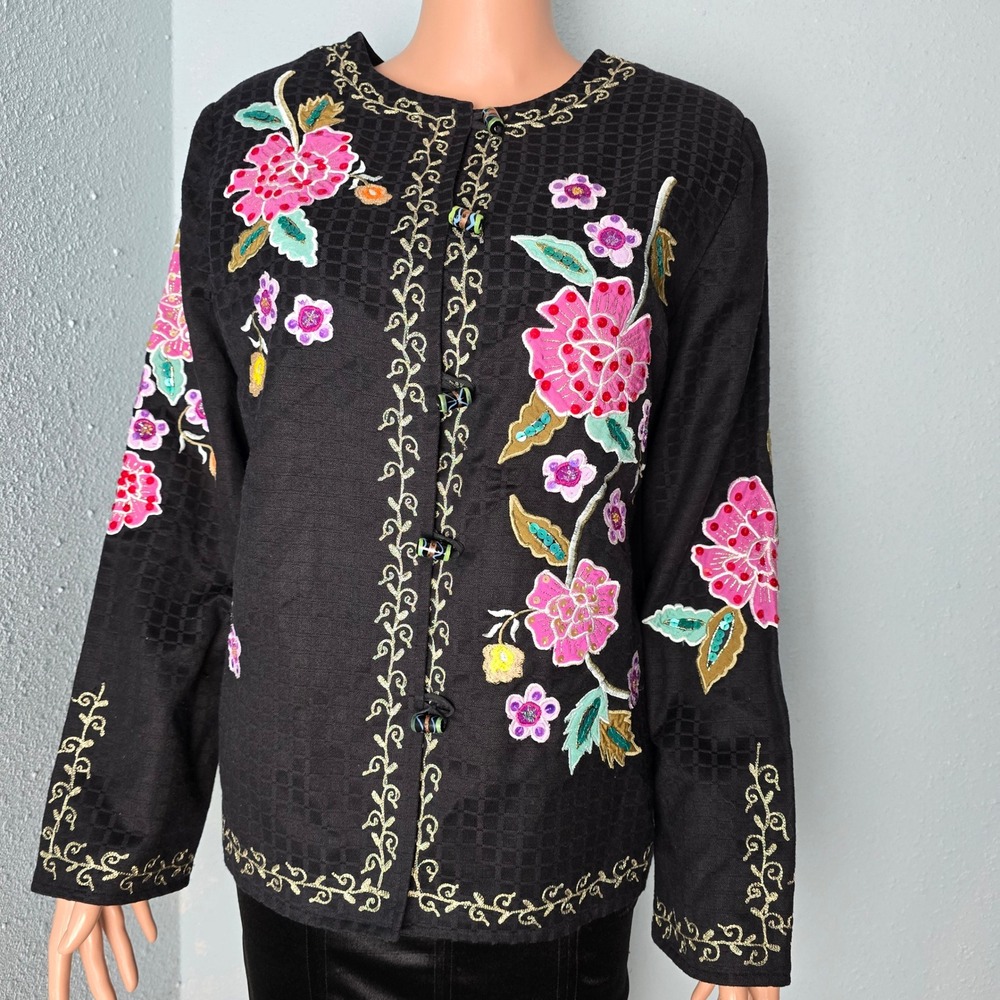 Alex Kim VTG Art to Wear Floral Embroidered‎ Sequin Jacket Toggle Button Medium